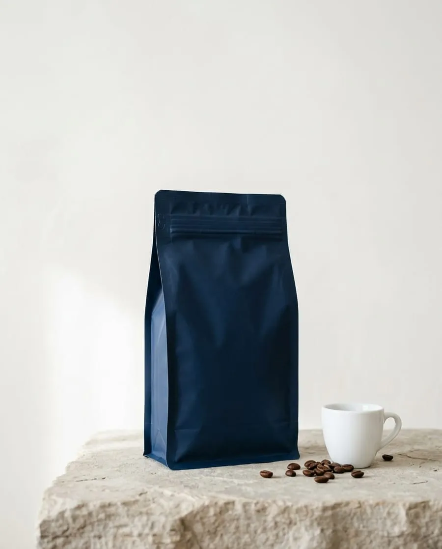Dunkelblaue Kaffeetüte neben einer Espressotasse